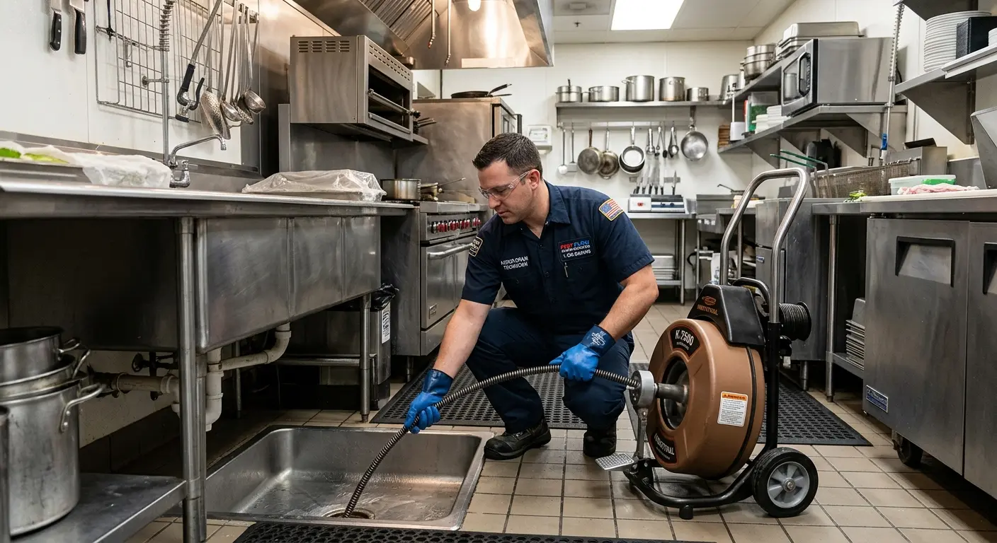 Commercial drain cleaning service in a restaurant kitchen in Fountain Valley