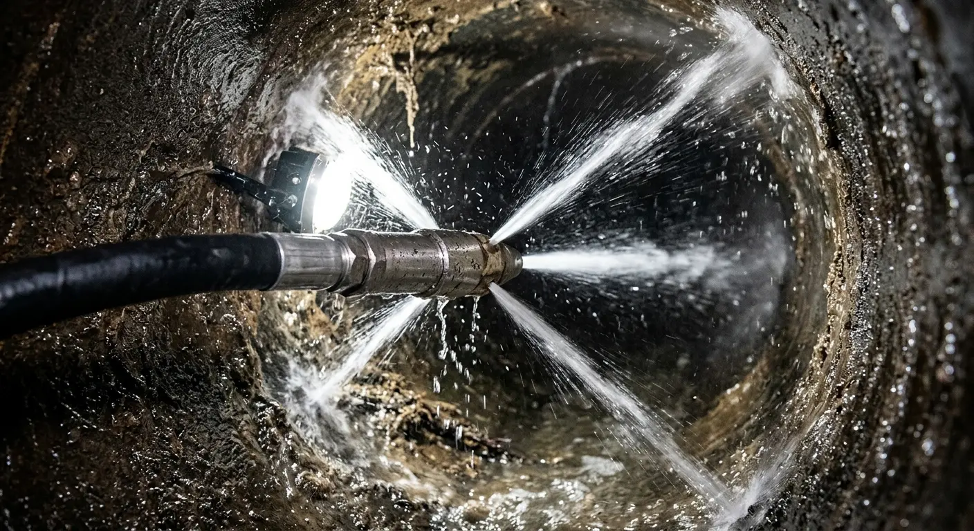 High-pressure hydro jetting nozzle cleaning sewer pipe for Emergency Drain Service in Fountain Valley