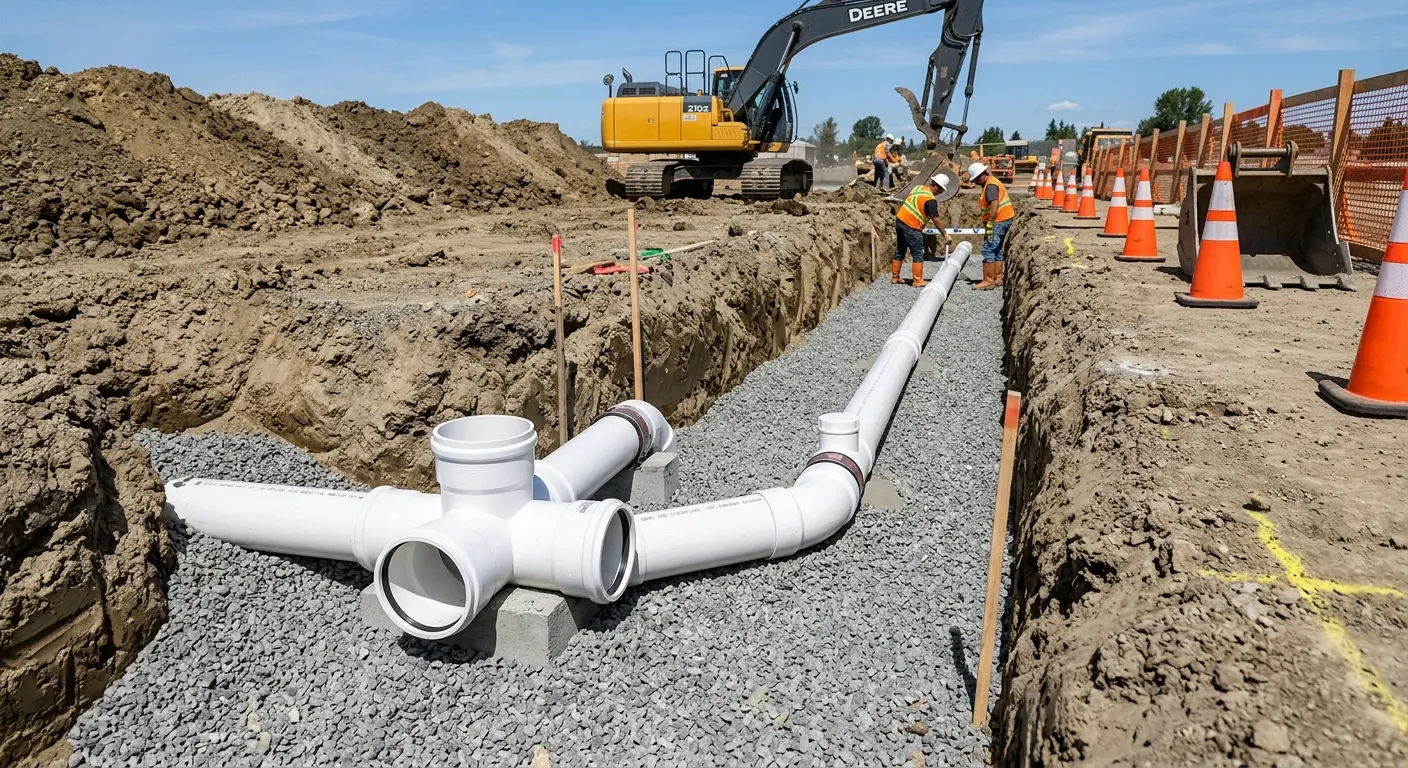 New PVC sewer pipe installation in open trench for Commercial Drain Cleaning in Fountain Valley