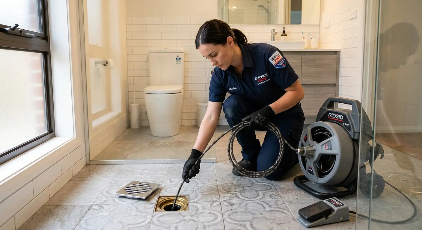 Technician clearing a bathroom floor drain for Hydro Jetting in Fountain Valley